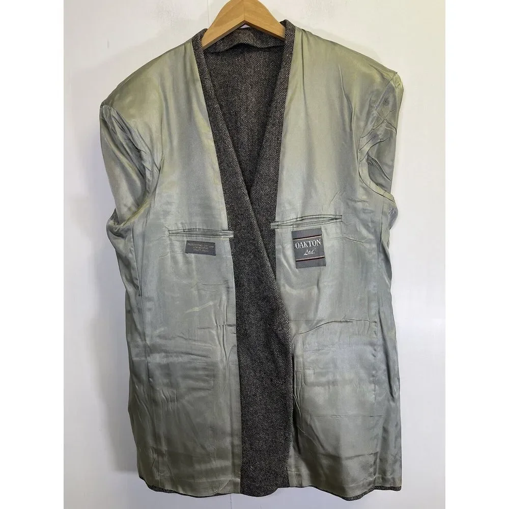 Oakton Men's Black/Gray Herringbone Blazer 44R Lined Tailored In U.S.A $395‎